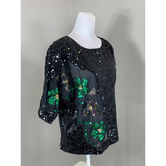 Vintage Green Black Sequin Top Cocktail Night Holiday Party Christmas Indie Alt - Picture 3 of 9